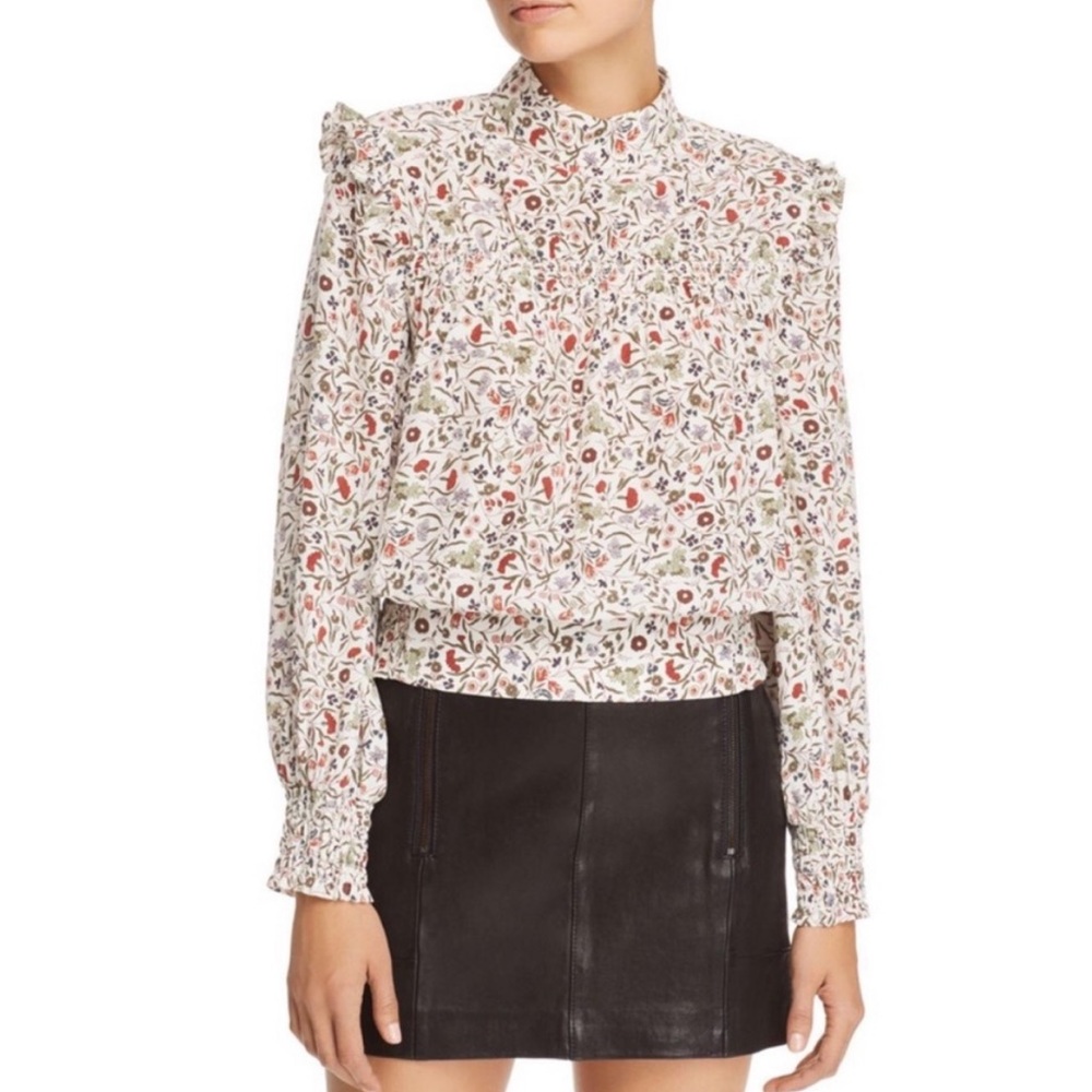 Frame smocked floral silk long sleeve top